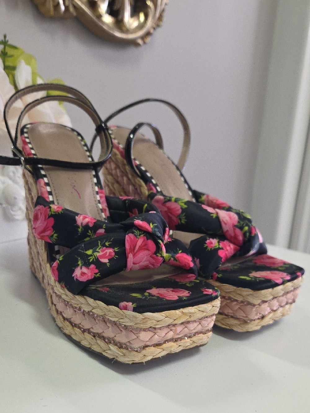 Betsey Johnson Black Floral Platform Wedge Sandals with Pink Roses